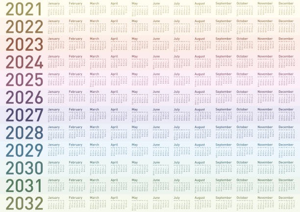 Calendar for Years 2021 to 2032. Calendar for Years 2021, 2022, 2023, 2024, 2025, 2026, 2027, 2028, 2029, 2030, 2031 and 2032. Vector Format. 2026 2021 stock illustrations