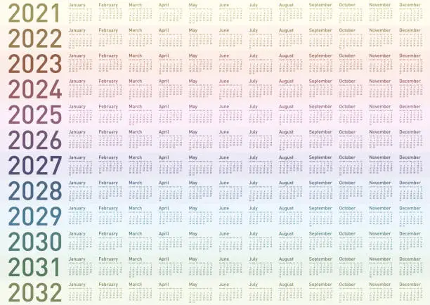 Vector illustration of Calendar for Years 2021 to 2032.