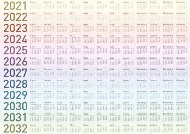 Vector illustration of Calendar for Years 2021 to 2032, in Spanish