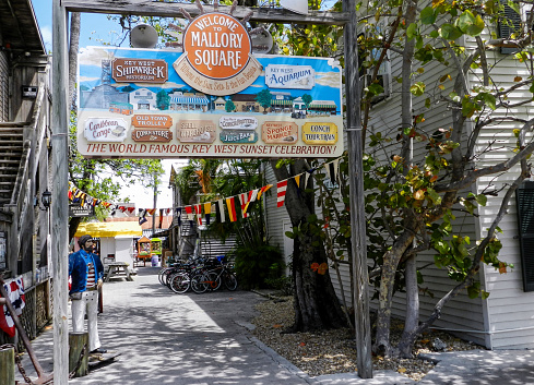 Key West, Florida, USA - April 10, 2013: Mallory Square, which boasts many tourist attractions such as the sunset celebration.