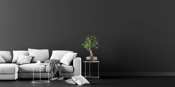 istock Modern Concept interior design of black and grey living room, 3d Render 1218791232