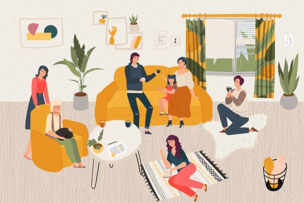 ilustrações, clipart, desenhos animados e ícones de hygge casa grande família juntos, pessoas siiting em escandinavos s - scandic