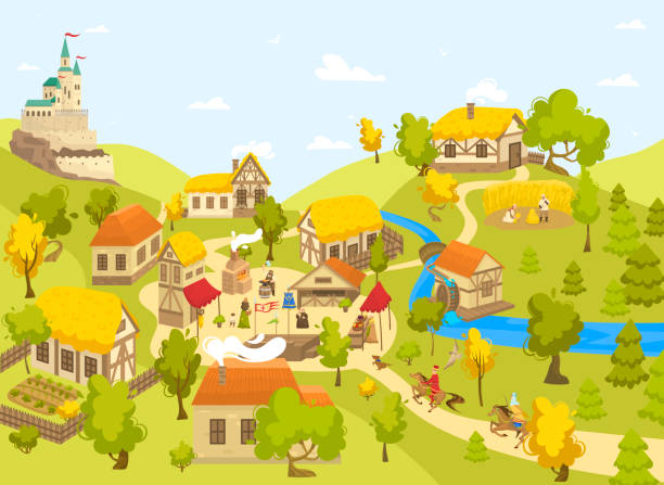 Medieval village with castle, half timbered houses and people on market square, vector illustration Medieval village with castle, half timbered houses and people on market square, vector illustration. Blacksmith artisan, Medieval peasant and horseman cartoon character in Middle Ages town countryside fairy tale village stock illustrations