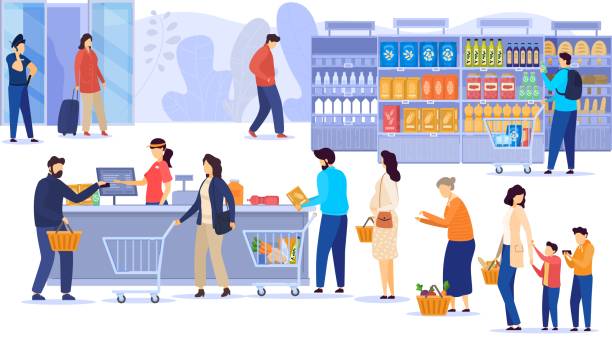 ludzie kupujący jedzenie w supermarkecie, linia przy kasie, klienci sklepów spożywczych, ilustracja wektorowa - grocery shopping stock illustrations