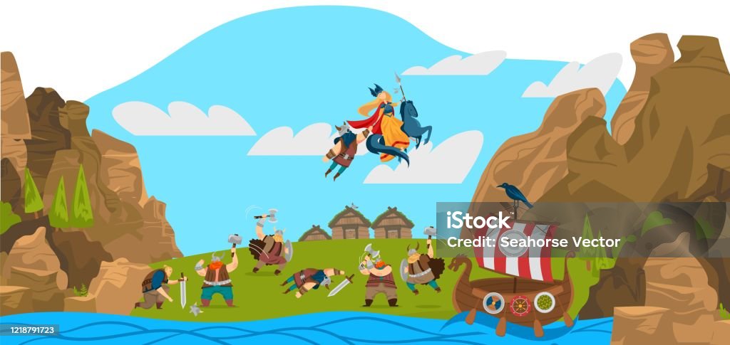 Vikings And Scandinavian Warriors Gods Landscape Funny Cartoon Stock  Illustration - Download Image Now - iStock