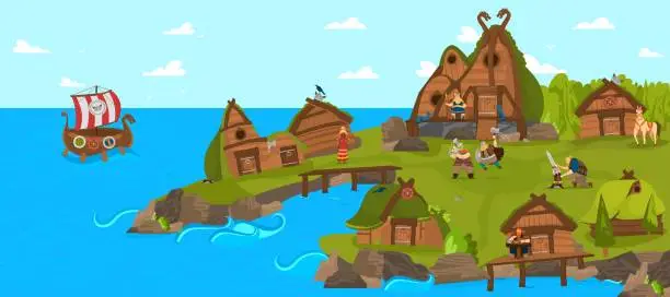 Vector illustration of Vikings and scandinavian warriors settlement funny cartoon vecto