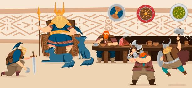 ilustrações de stock, clip art, desenhos animados e ícones de vikings and scandinavian warriors repast cartoon vector illustra - repast