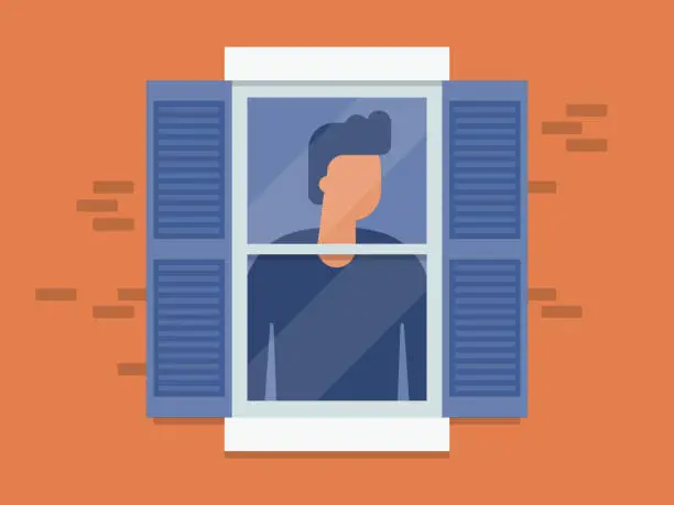 Vector illustration of Illustration of young man looking out window