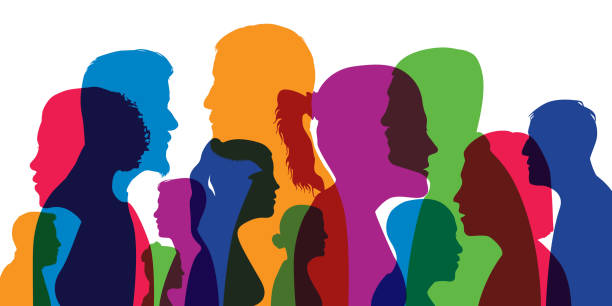 Concept of the diversity of humanity with the superposition of different profiles of men and women. Concept of a cosmopolitan population with different silhouettes of men's and women's heads in colors and profile views. wife stock illustrations