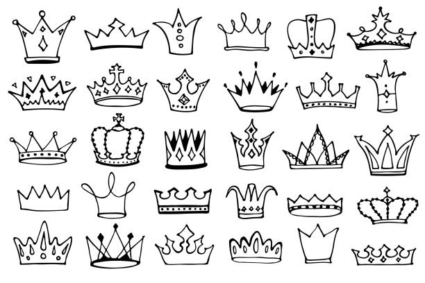 Sketch crowns collection. Doodle princess crown icons. Vector illustration. Crowns logo doodle collection. Hand drawn princess crown icons set isolated on white. Vector illustration red crown logo stock illustrations