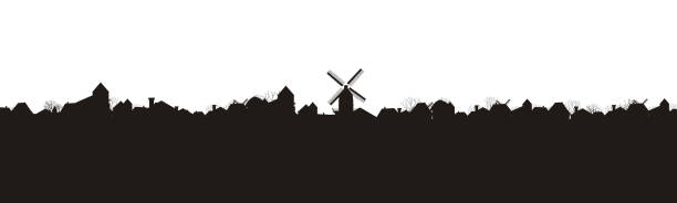 silhouette of a village with a mill. panorama. vector silhouette of a village with a mill. panorama. vector bread silhouettes stock illustrations