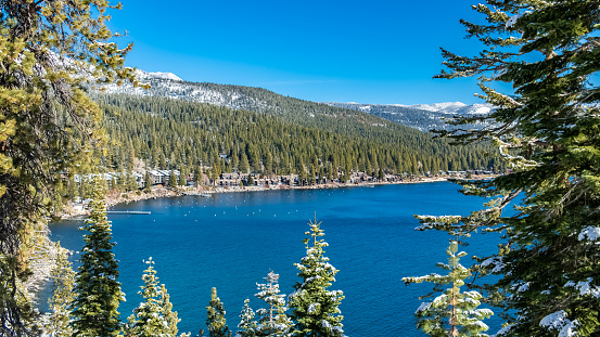 The Lake Tahoe, panorama of the Emerald Bay in winter, sunny day