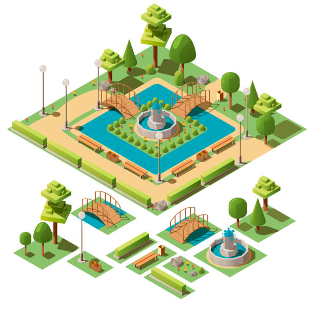 illustrazioni stock, clip art, cartoni animati e icone di tendenza di parco cittadino isometrico con elementi di design per il paesaggio giardino - square isometric