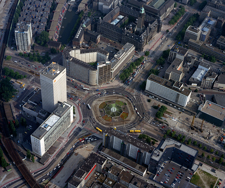 Rotterdam, Holland,August 8 - 1988: Historical aerial photo of the Hofplein, town square with a fountain in the middle