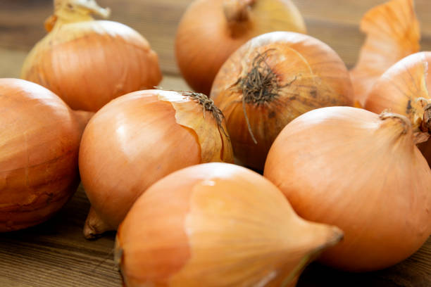 istock Fresh onion vegetable bulbs on wooden background. 1218804077