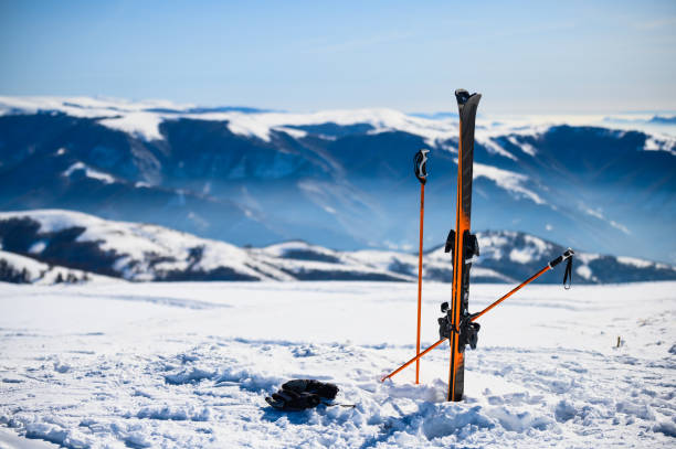 istock Skis in snow at mountain top 1218804826
