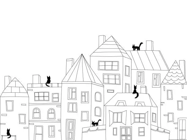 Vector illustration of city ​​building vector. A small town. Cute colorful houses drawn by hand. Black cats walk on the roof