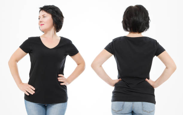 istock Women black blank t shirt, front and back rear view isolated on white background. Template shirt, copy space and mock up for print design. 1218805652
