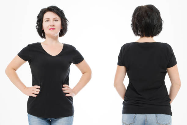 istock Women black blank t shirt, front and back rear view isolated on white background. Template shirt, copy space and mock up for print design. 1218805655