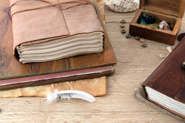 istock Wooden book and box on brown board, white feather 1218805753