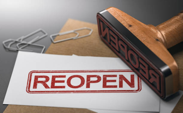 istock Reopen closed company or commerce. Communication concept. 1218806506