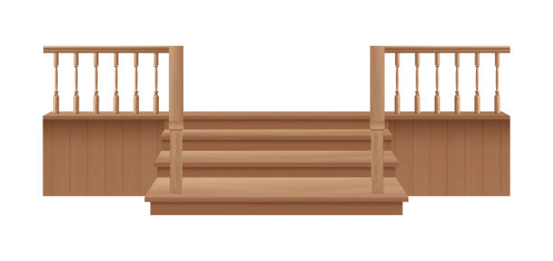 Wooden porch stairs and handrail for home entrance - realistic wood staircase Wooden porch stairs and handrail for home entrance - realistic wood staircase and banister from front view isolated on white background. Vector illustration. house railing stock illustrations