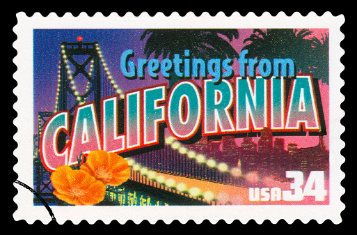 US Postage Stamp - California State Greetings From America /Isolated on black - High quality on details /