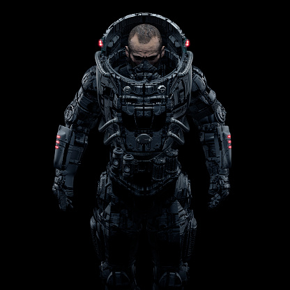 3D illustration of male science fiction heavily armoured military astronaut isolated on black background