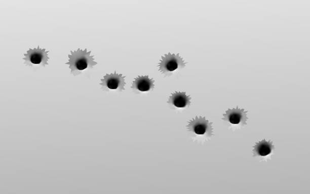 реалистичные отверстия пули пушки установленные на серой металлической стене - bullet hole illustrations stock illustrations