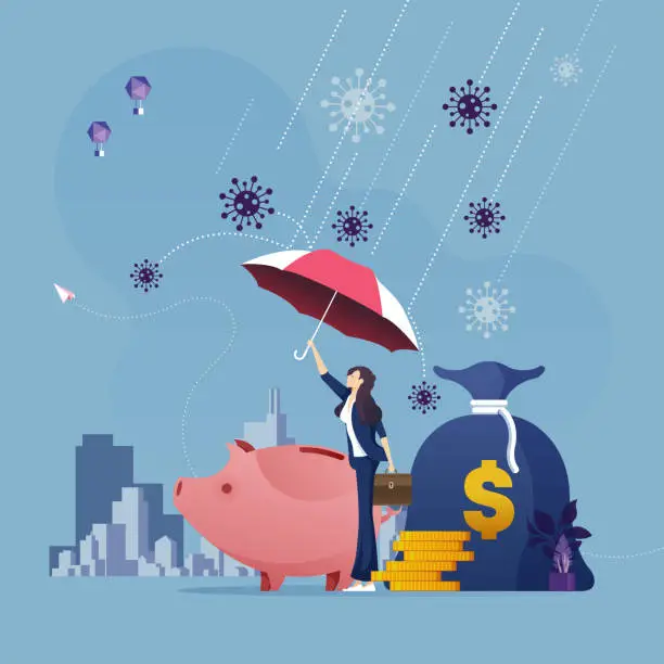 Vector illustration of Businesswoman with umbrella protecting money from corona virus attack-Business financial crisis concept