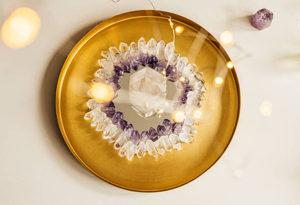 istock Healing crystals decoration on a golden plate 1218810203
