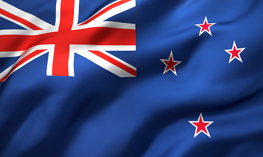 Flag of New Zealand blowing in the wind. Full page New Zealander flying flag. 3D illustration.