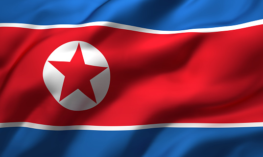 Flag of North Korea blowing in the wind. Full page North Korean flying flag. 3D illustration.