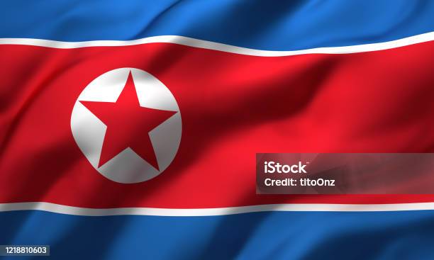 Flag Of North Korea Blowing In The Wind Stock Photo - Download Image Now - North Korean Flag, North Korea, National Flag