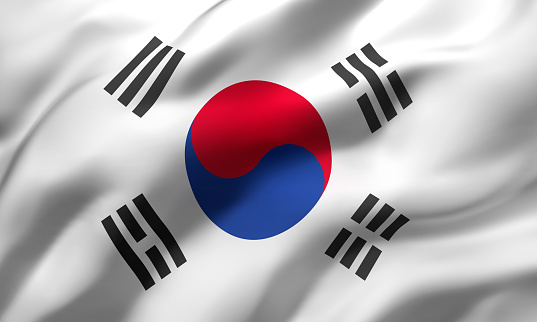 Flag of South Korea blowing in the wind. Full page South Korean flying flag. 3D illustration.
