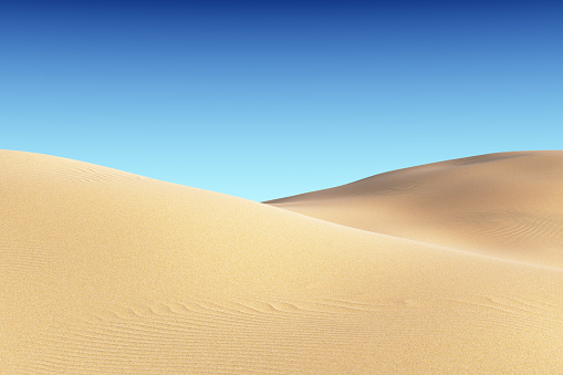 Smooth sand dunes with waves under bright summer sunlight under clear blue sky, natural 3D illustration