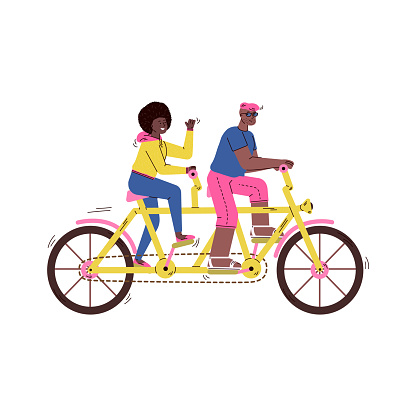 Tandem bicycle riders cartoon characters, sketch vector illustration isolated on white background. Symbol of partnership and teamwork, kind of urban transport.
