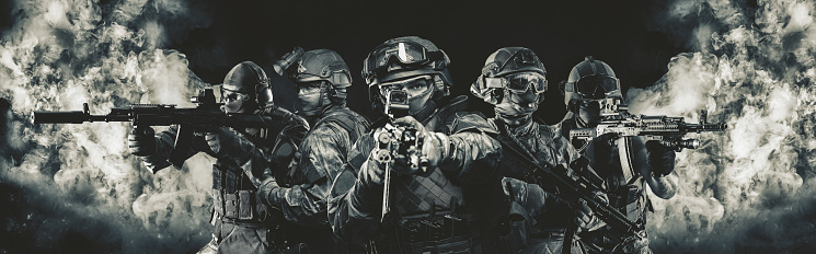 The group of special forces. 
Portrait of five military men. The concept of military units. Computer games. Mixed media