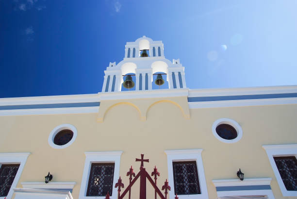 istock Greek orthodox white Church with a bell tower 1218814205