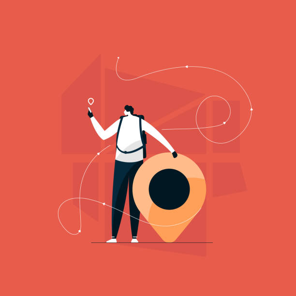 Young male character holding phone and using a navigational app illustration, location finder vector Young male character holding phone and using a navigational app illustration, location finder vector travel destinations illustrations stock illustrations