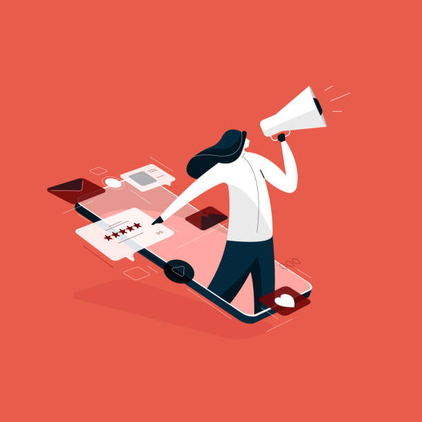 stockillustraties, clipart, cartoons en iconen met meisje bedrijf megafoon voor digitale marketing, rating en feedback illustratie, digitale business advertising strategieën vector concept - advertentie illustraties