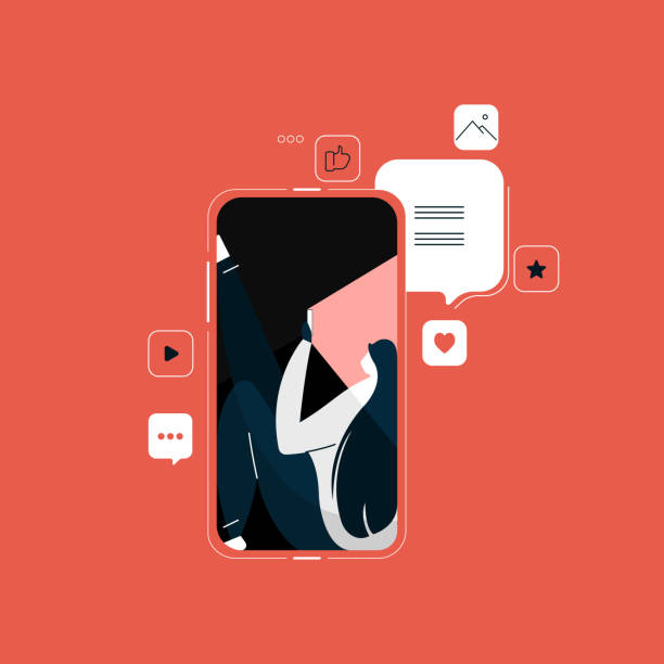 kız sosyal medya vektör, sosyal medya pazarlama, pazarlama ve reklam, haberci telefonla iletişim sohbet - aşk bulma sitesi illüstrasyonlar stock illustrations