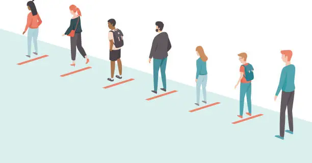 Vector illustration of People ceeping distance in the queue. Social distancing concept for coronavirus COVID-19 outbreak