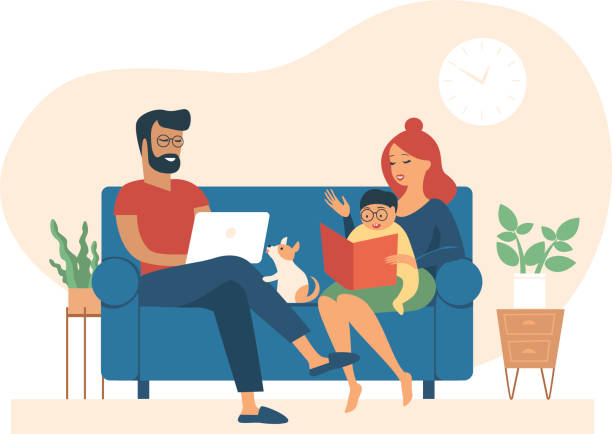 Family at home during quarantine. Man working from home remotely with laptop. Woman reading book to her baby. Family at home during quarantine. Man working from home remotely with laptop. Woman reading book to her baby. Flat cartoon vector illustration for coronavirus outbreak covid-19 quarantine family home stock illustrations