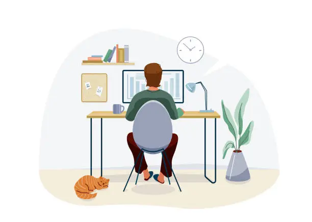 Vector illustration of Work at home concept design. Freelancer man working on computer at his house office and striped red cat pet near him. Vector illustration isolated on white background