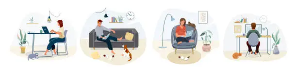 Vector illustration of Work at home concept design. Freelance woman and man working on laptop with pets at their house, dressed in home clothes. Vector illustration set isolated on white background