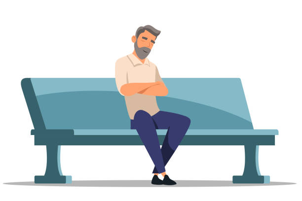 Man sleeping sitting on bench isolated on white Adult bearded man sleeping sitting on park bench. Lonely hipster character take nap. Guy rest during outdoor walk. Tired, overworked sleepy human person isolated on white background. Daydreaming napping illustrations stock illustrations