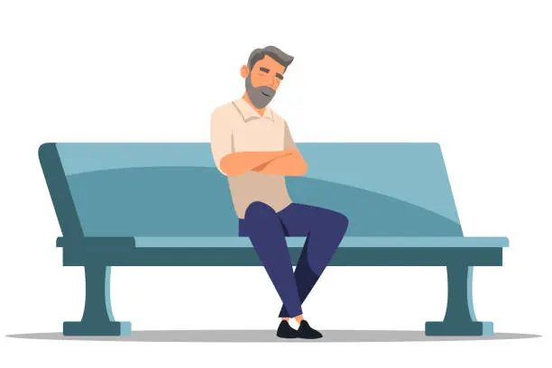 Vector illustration of Man sleeping sitting on bench isolated on white