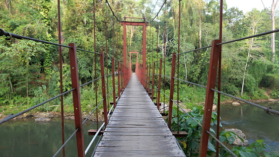 Looking across a pedestrian suspension bridge spanning a rainforest river, connecting villages. Wooden planks run along the bridge, with steel cables and metal used to secure the suspended structure across the water below.
