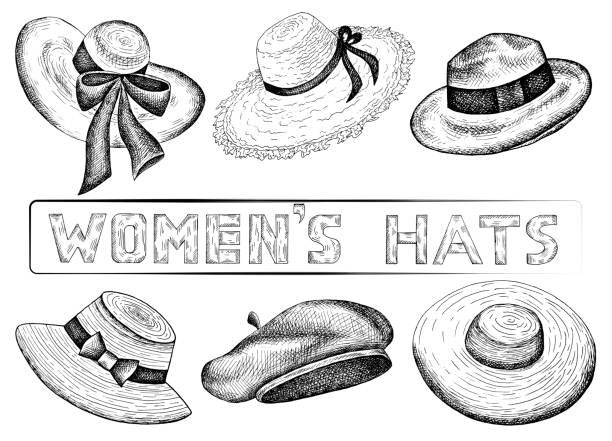 Vector illustration Vector illustration of hand drawn set of sketch women's hats. Vintage and retro style. Female Fashion. Shopping, shop, store. beret stock illustrations